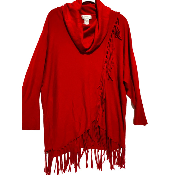 Draper's & Damon's Sweaters - Drapers & Damons Plus Sz 1X Red Sweater Rolled Neck & Fringe Tunic Career Boho